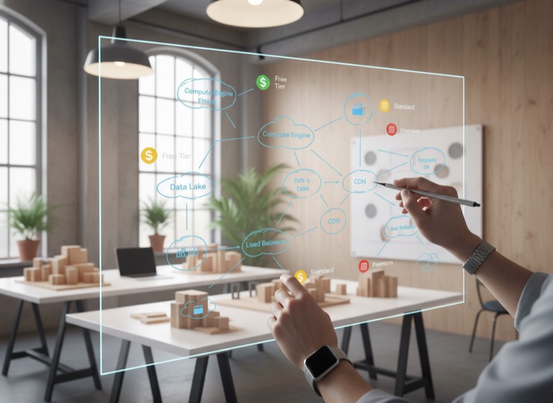 Architect drawing cloud infrastructure diagram with cost tier annotations on touchscreen