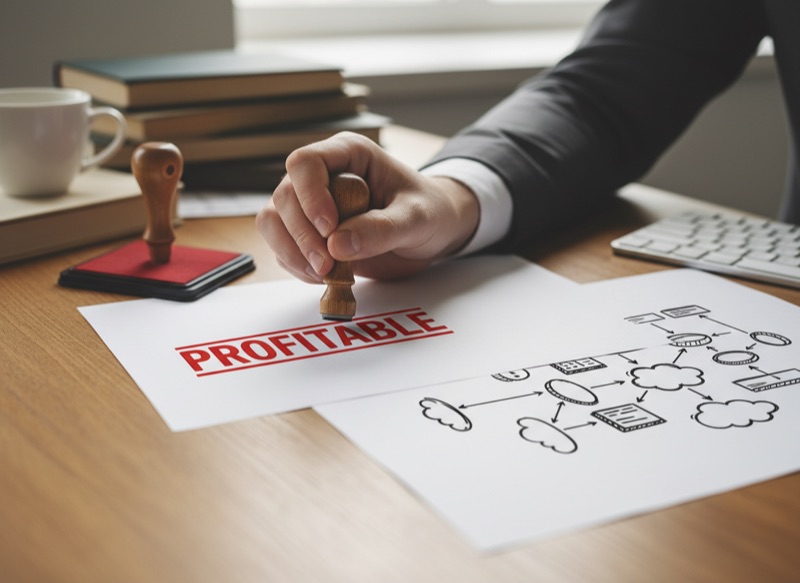A hand stamping 'profitable' in red ink on a business document