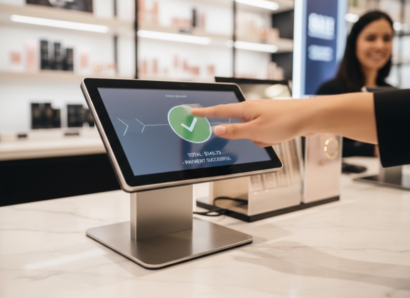 A retail point-of-sale terminal at the checkout of a modern store